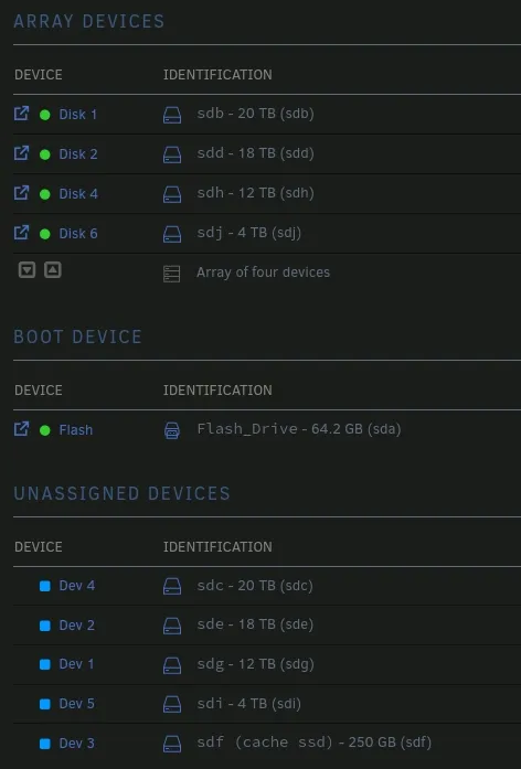 Screenshot of the Unraid disk layout
